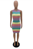 Multicolor Fashion Sexy Striped Print Basic O Neck Sleeveless Dress