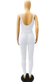 White Casual Solid Patchwork Fold U Neck Regular Jumpsuits