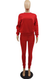 Red Casual Solid Pocket O Neck Long Sleeve Two Pieces