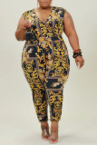 Yellow Europe and America V Neck Print Plus Size