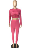 Pink Cotton Blends Sexy Patchwork Solid Mesh pencil Long Sleeve Two Pieces