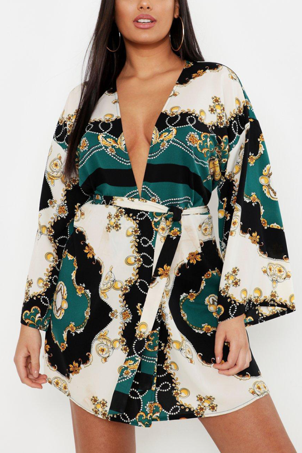Green Casual Print Bandage V Neck One-piece Suits Dresses