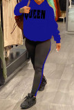 Deep Blue Fashion Casual Letter Print Patchwork Hooded Collar Long Sleeve Two Pieces