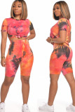 Red Polyester Fashion Street Print Tie Dye Two Piece Suits Straight Short Sleeve Two Pieces