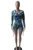 Cyan Polyester Fashion Active Print Two Piece Suits Straight Long Sleeve Two Pieces