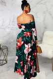 Pink Sexy Fashion Off The Shoulder Long Sleeves Wrapped chest Step Skirt Ankle-Length Print split Patchwo