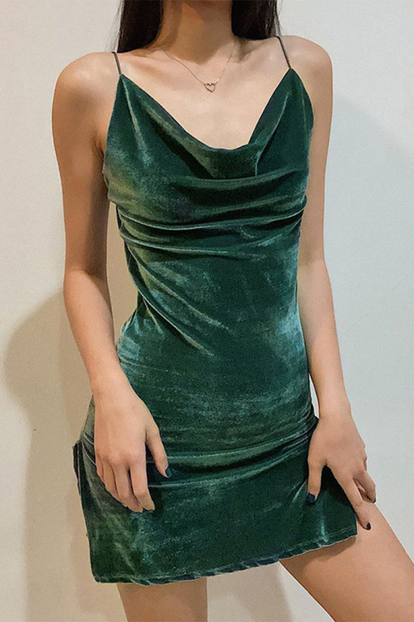 Dark Green Sexy Gradual Change Patchwork Backless Fold Spaghetti Strap Straight Dresses