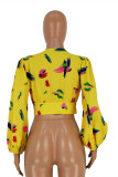 Yellow Fashion Casual Print Basic V Neck Tops