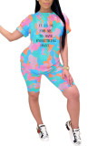 Pink Fashion adult Ma'am Street Letter Patchwork Print Tie Dye Two Piece Suits pencil Short Sleeve Two Pieces