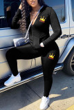 Black Fashion Casual Print Basic Hooded Collar Long Sleeve Two Pieces