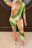 Yellow Fashion Sexy Adult Polyester Print Split Joint Tie-dye O Neck Long Sleeve Regular Sleeve Regular Two Pieces