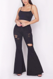Black Casual Patchwork Ripped Skinny Small Elastic High Waist Speaker Bottoms