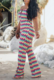 Multicolor Sexy Print Patchwork Off the Shoulder Straight Jumpsuits