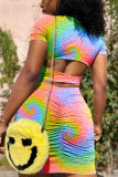 multicolor Fashion Casual adult Patchwork Print Tie Dye Two Piece Suits HOLLOWED OUT pencil Short Sleeve Two Pieces