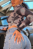 Grey Work Daily Print Patchwork O Neck Mid Waist Tops