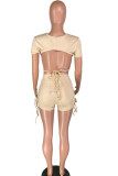 Khaki venetian Fashion Sexy Solid backless Two Piece Suits pencil Short Sleeve Two Pieces