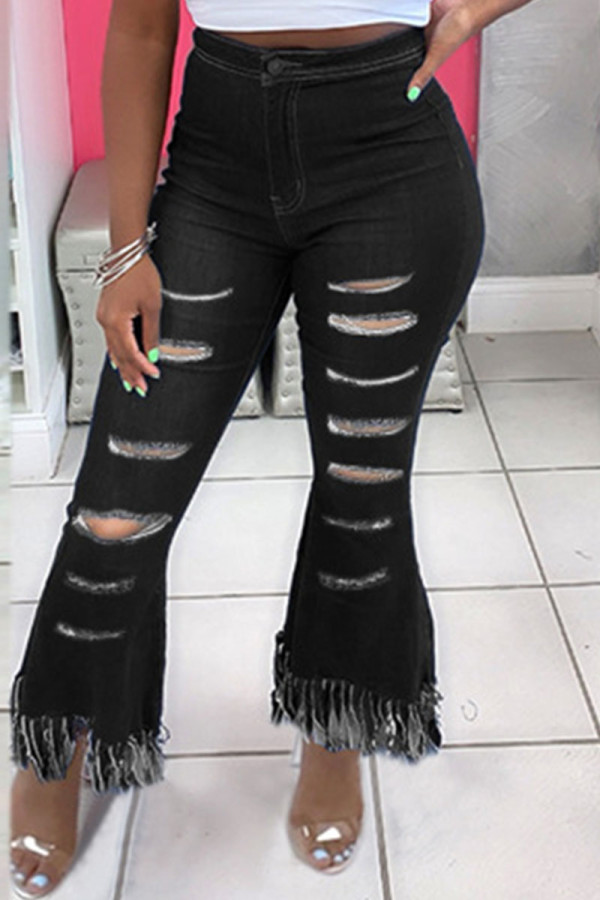 Black Fashion Casual Solid Tassel Ripped High Waist Straight Jeans
