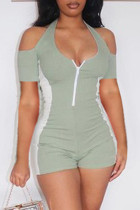 Light Green Sexy Casual Solid Split Joint Backless Halter Skinny Romper
