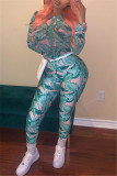 Multicolor Fashion Sexy Print See-through O Neck Long Sleeve Two Pieces