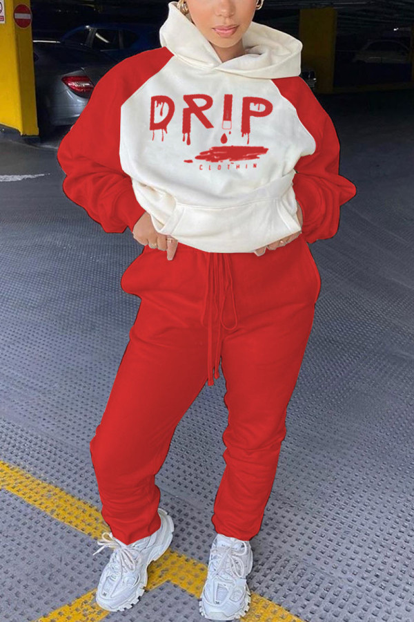Red Street Print Hooded Collar Long Sleeve Two Pieces
