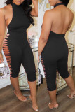 Black Sexy Casual Solid Ripped Hollowed Out Backless O Neck Skinny Jumpsuits