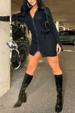 Light Blue Fashion Sexy Solid Basic Zipper Collar Long Sleeve Dress