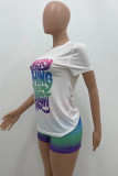 Rose Red Fashion Casual Gradual Change Letter Print Basic O Neck Short Sleeve Two Pieces