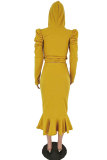 Yellow Polyester Sexy Solid Two Piece Suits Hip skirt Long Sleeve