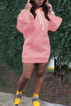 Pink Polyester Casual Bubble sleeves Long Sleeves Hooded Straight skirt Solid Dresses