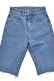 Baby Blue Casual Solid Tassel Mid Waist Straight Denim Shorts
