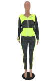 Fluorescent green Polyester Fashion adult Casual contrast color Patchwork Two Piece Suits pencil Long Sleeve Two-piec
