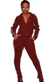 Wine Red Polyester Casual Two Piece Suits Patchwork Solid Loose Long Sleeve Two-piece Pants Set