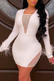 White Sexy Solid Patchwork See-through Hot Drill Square Collar Pencil Skirt Dresses