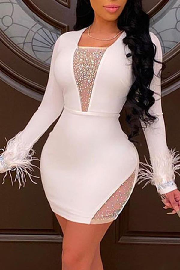 White Sexy Solid Patchwork See-through Hot Drill Square Collar Pencil Skirt Dresses