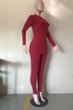 Wine Red Casual Solid Slit Turtleneck Long Sleeve Two Pieces