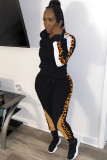 Black Casual Leopard Print Two Piece Suits Patchwork pencil Long Sleeve