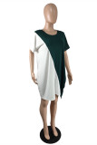 Green Fashion Casual Plus Size Patchwork Asymmetrical O Neck Short Sleeve Dress