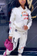 White Casual Print Letter Hooded Collar Long Sleeve Two Pieces