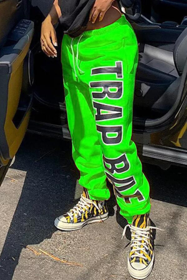 Green Casual Sportswear Letter Print Letter Regular Trousers