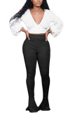 Black Fashion Sexy Adult Cotton Solid Split Joint V Neck Long Sleeve Hubble-Bubble Sleeve Short Two Pieces