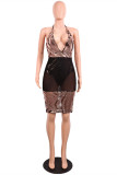 Black Fashion Sexy Patchwork Sequins See-through Backless Halter Sleeveless Dress