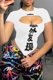 White Fashion Sexy Print Hollowed Out O Neck T-Shirts