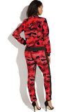Blue Polyester Elastic Fly Long Sleeve Mid Zippered Print Patchwork Straight Pants Two-piece suit