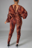Leopard Print Fashion Sexy Leopard Backless V Neck Regular Jumpsuits