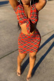 Red Fashion Sexy Print Basic V Neck Short Sleeve Two Pieces
