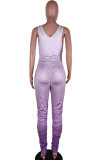 purple Fashion street Print Draped Milk. Sleeveless V Neck Jumpsuits