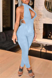 Light Blue Fashion Sexy Solid Hollowed Out Backless Turtleneck Sleeveless Two Pieces