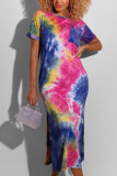 Blue Polyester Europe and America Short Sleeves O neck Pencil Dress Ankle-Length Print Tie and dye Dresses