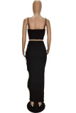 Black Sexy Solid Ripped Backless Burn-out Spaghetti Strap Sleeveless Two Pieces