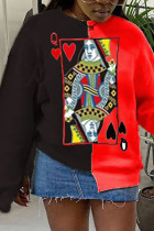 Black and red Casual Polyester Patchwork Print Poker Split Joint Slit Pullovers O Neck Tops
